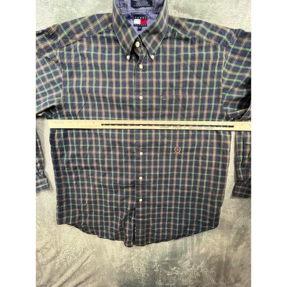 90s Tommy Hilfiger Men Medium Navy Green/Red Lion Crest Plaid Button-Down Shirt - Picture 4 of 11
